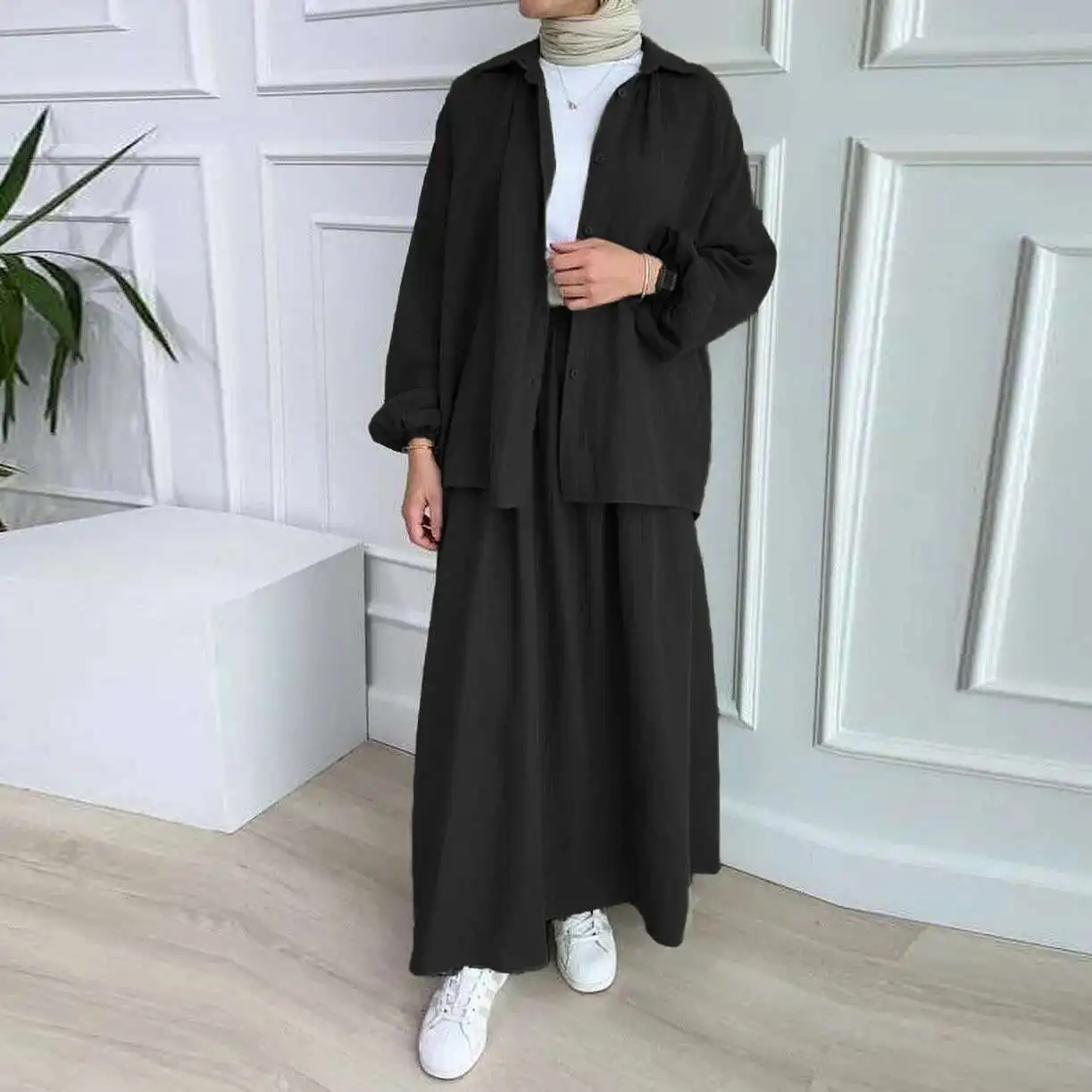 2025 femmes musulmanes printemps et automne nouveau Style bulle manches chemise jupe mode ensemble décontracté Ramadan dubaï luxe Islam élégant