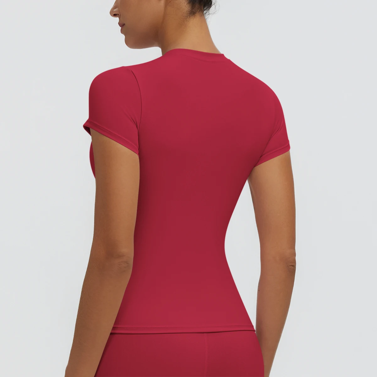 Hochelastisches, schnelltrocknendes, einfarbiges Yoga-Kurzarm-T-Shirt für Damen, Workout-Oberteil, schmal geschnittenes, lässiges Sport-, Lauf-, Fitness- und Yoga-T-Shirt. – Detail 36