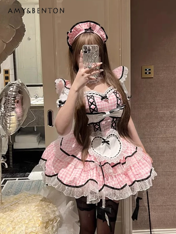 

Sweet Cool Girl Pink Plaid Maid Dress Sets Cute Bow Flying Sleeves Slim Sexy Mini Tutu Dresses Kawaii Birthday Dress for Women