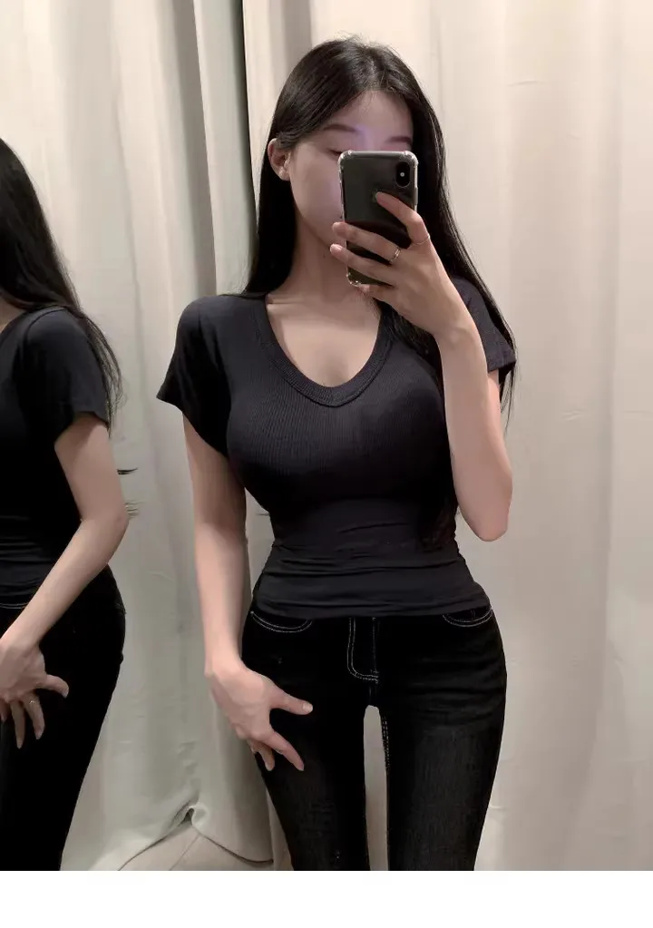 2026 Kurzarm-T-Shirt für Damen, einfarbig, schlicht, lässig, weich, vielseitig, Basic Crop Tops, Sommermode, eng anliegende Oberteile, Schwarz, Weiß – Detail 18
