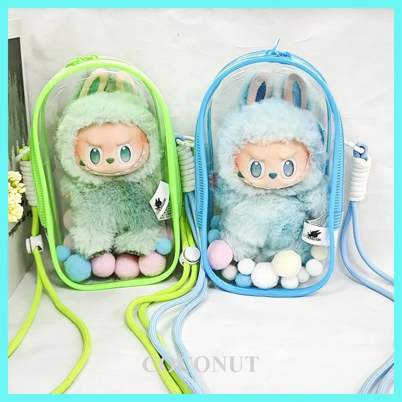PVC-Aufbewahrungstasche für 17 cm große Ropa Labubu-Serie in die Energieserie, praktische Reispuppentasche, passender Schultergurt, Seil, Haarball