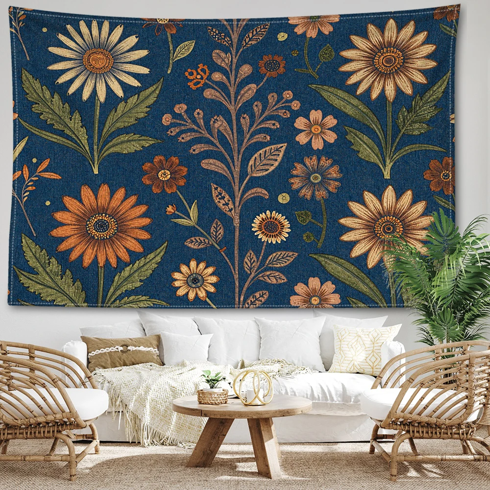 Navy Blue  Sunflower Assorted Floral Vintage Printed Tapestry Wall Hanging Bohemian Style Bedroom Home Decor