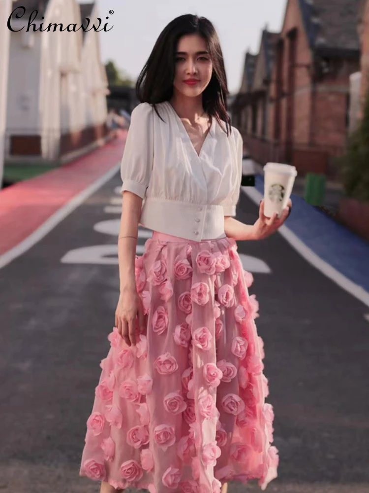 

2024 Spring Summer Elegant Fairy 3D Flower Casual All-Match Pink Elastic High Waist A-Line Women Skirt