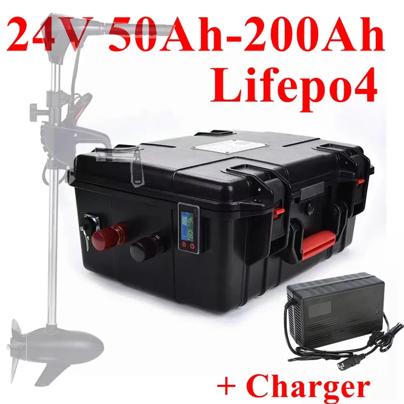 

Waterproof Lifepo4 24V 50Ah 60Ah 80Ah 100Ah 120Ah 150Ah 200Ah lithium battery with BMS for trolling motor inverter +10A Charger