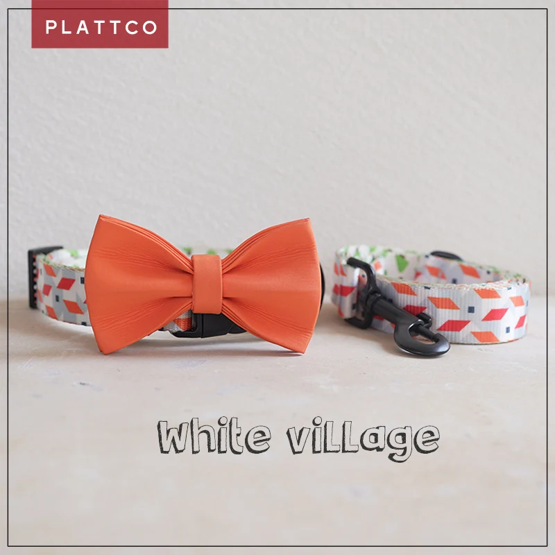 PLATTCO  removable bow tie collar leash set WHTTE VILLAGE adjustable nylon print pet collar for small medium large 5 size PDC330