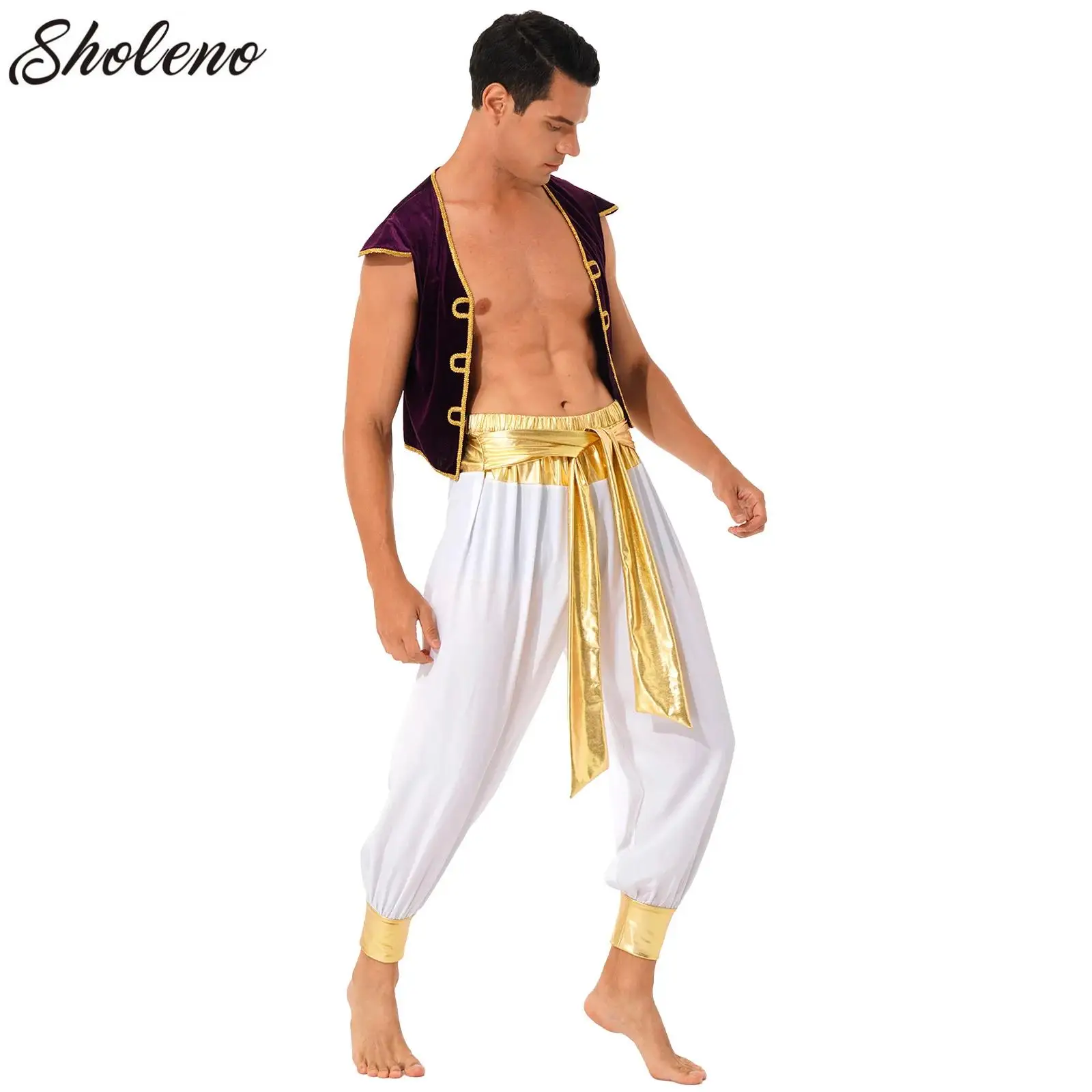 

Men Arabian Prince Costume Halloween Aladin Cosplay Dress Up Cap Sleeve Vest Waistcoat with Bloomers Pants Movie Theme Clothes