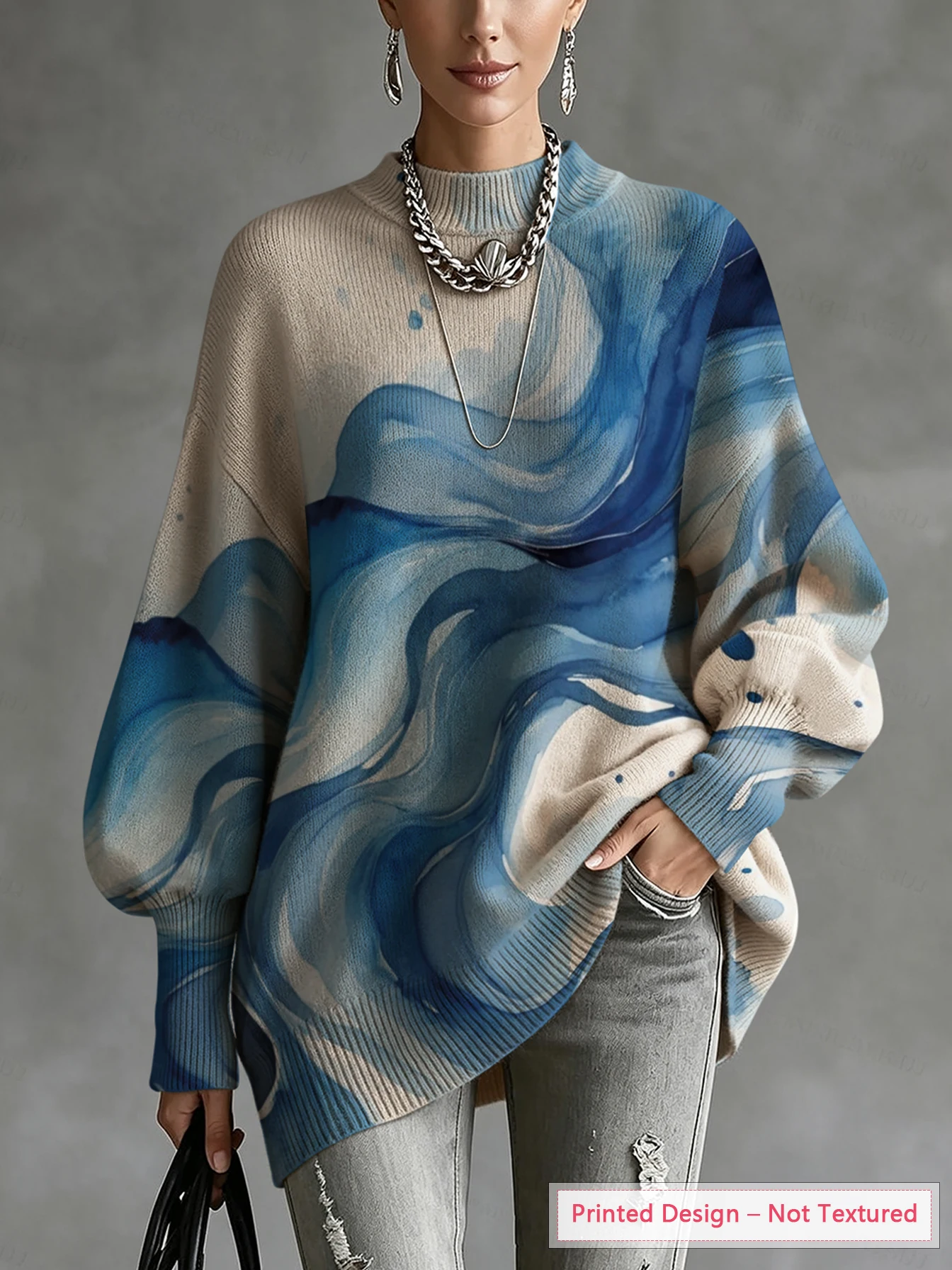 Women's Knitted Top, Blue Gradient Print, Thin Sweater for Autumn and Winter, Diagonal Hem, Lantern Sleeves, Skin-Friendly Fabric
