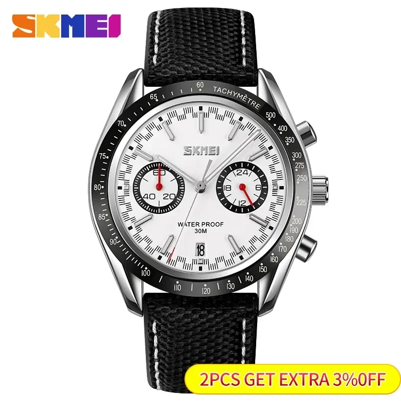 SKMEI Mens Casual Waterproof Time Stopwatch Sports Watches reloj hombre Fashion Genuine Leather Strap Quartz Wristwatch 9292