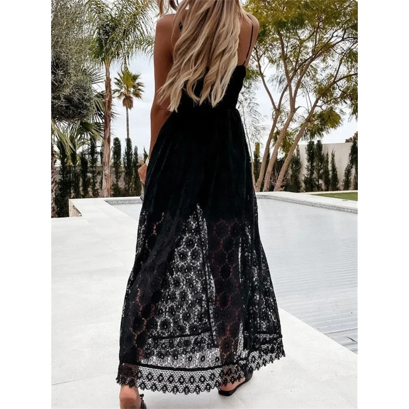 Frauen Sexy Hosenträger Spitze Overalls Overall Kleid Ärmelloses V-ausschnitt Aushöhlen Unregelmäßige Midi Kleid Elegante Böhmische Kleider