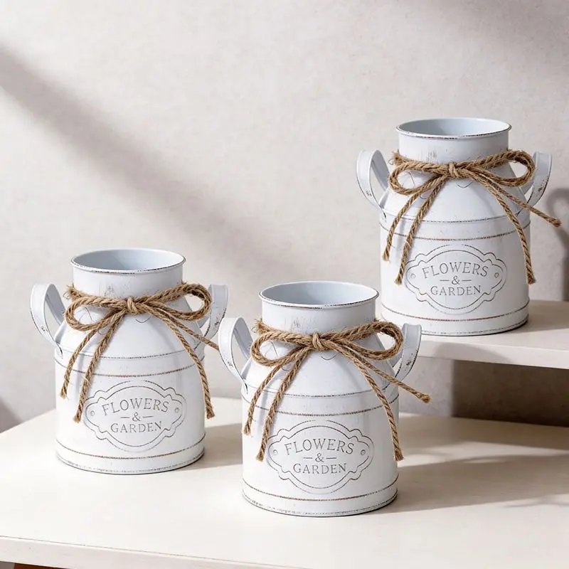 3 Pcs Rustic White Metal Milk Can Flower Pots Farmhouse Jute Bow Vintage Planters For Home Garden Tabletop Floral Decor