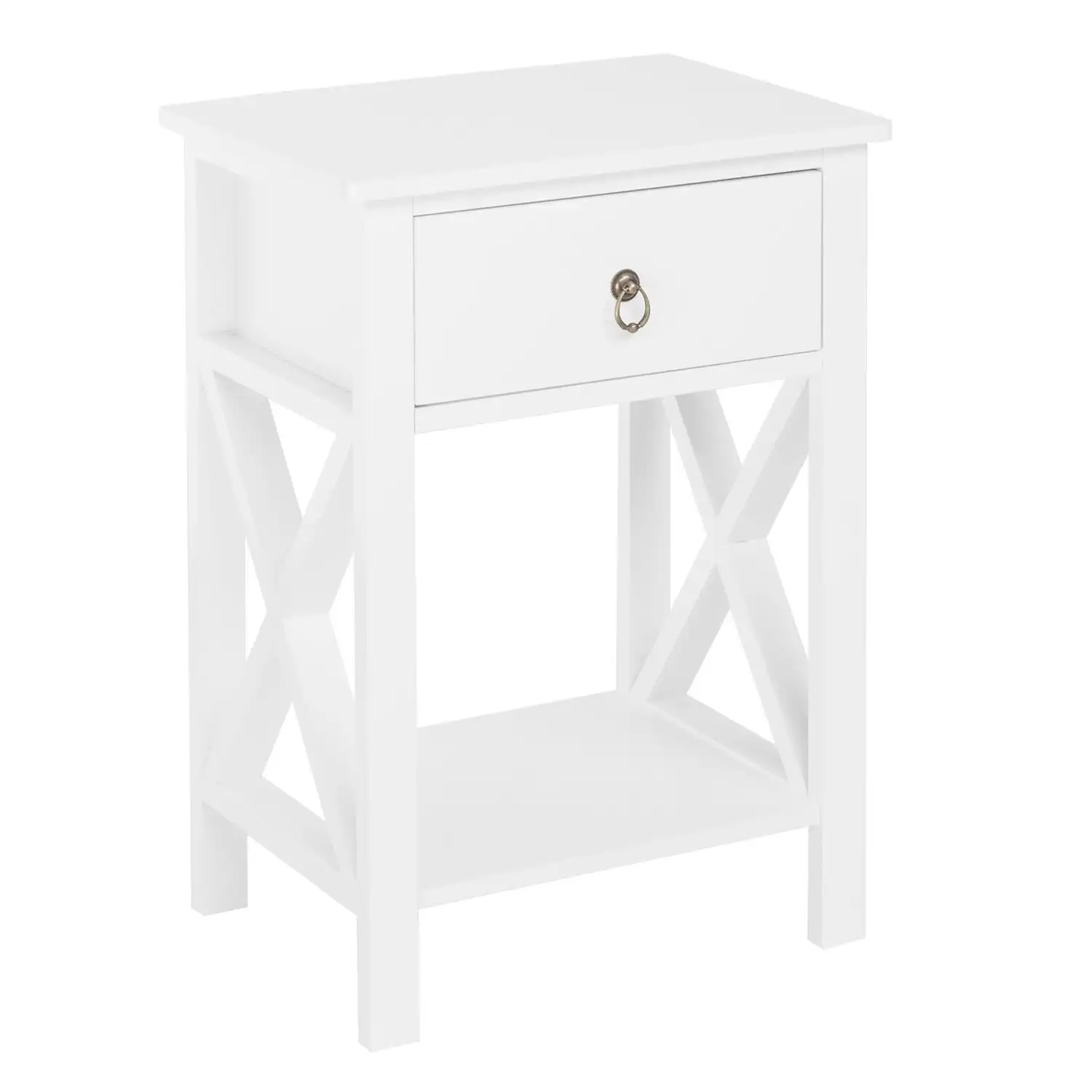 White Bedside Nightstand End Sofa Table with Drawer and Shelf for Storage Easy To Use Side Intersection Style Design