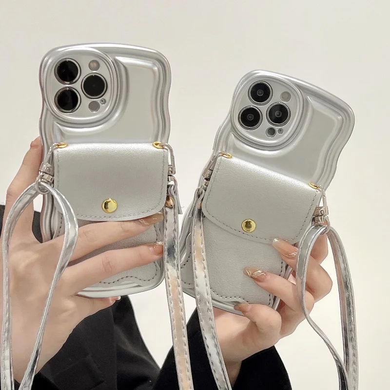 

Чехол-держатель для карт для iPhone 16, 15, 14, 13, 12, Pro Max Plus, роскошный кожаный кошелек через плечо, шейный ремешок, чехол для телефона