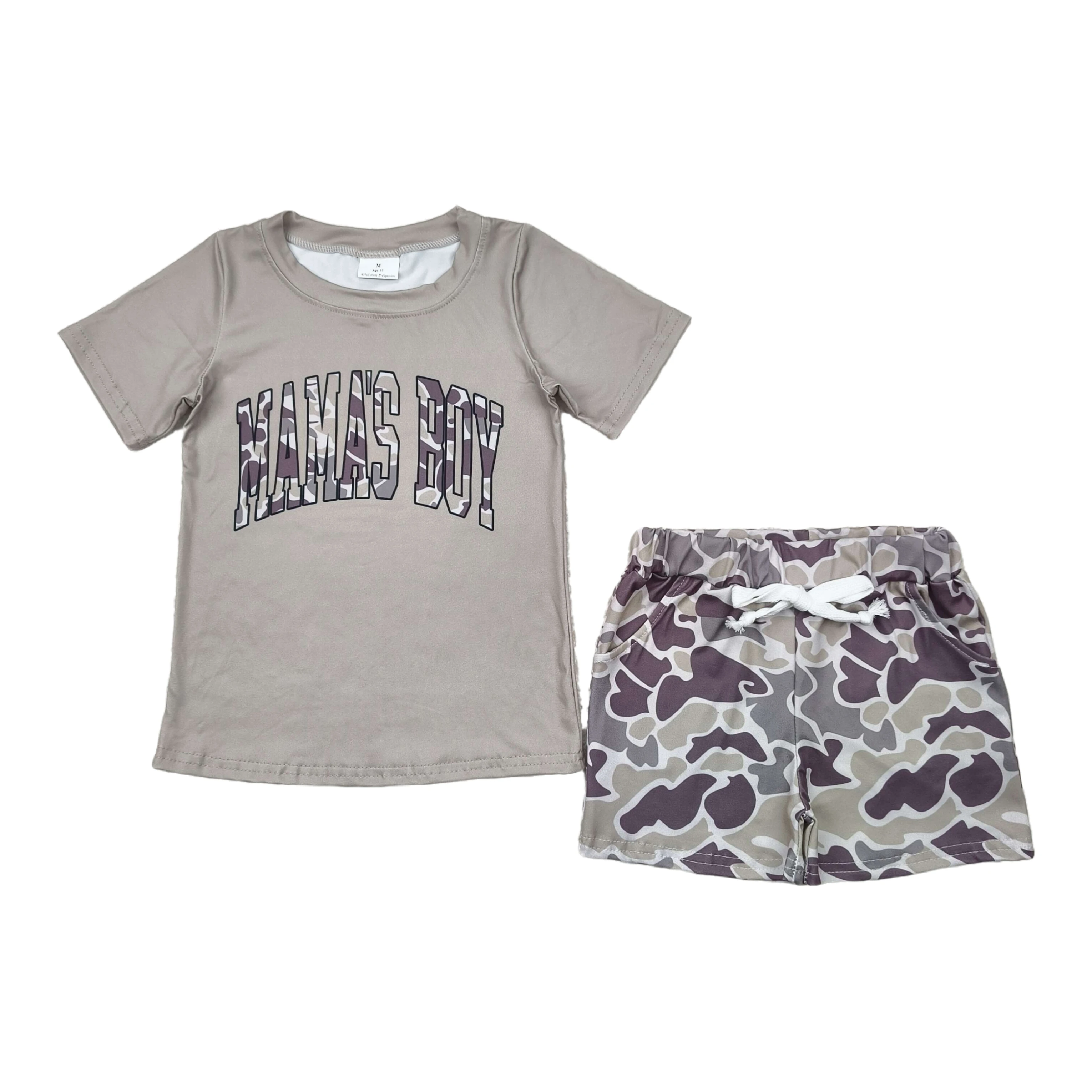 Wholesale Boutique Baby Boys Light Green Mama's Boy Tops Gray Camo Shorts Clothes Sets Infant Toddler Summer Two Pieces Outfits