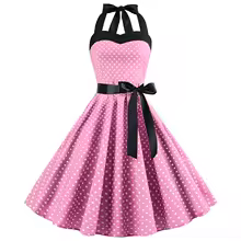 Chic Vintage Homecoming Dresses Halter Polka Dot Print - Pink