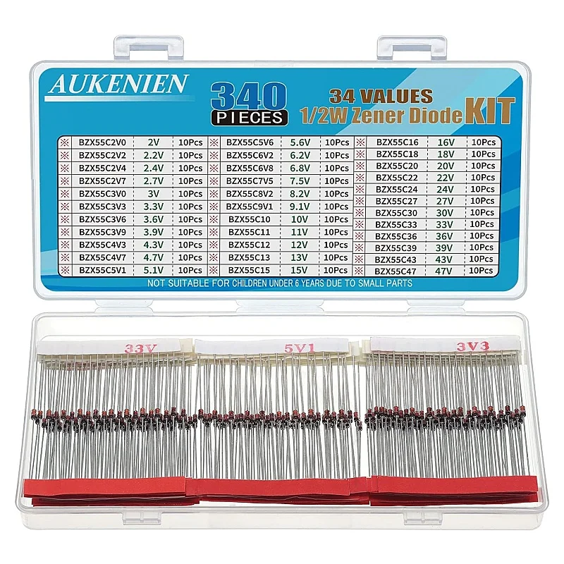 AUKENIEN 340 Pieces 34 Values 1/2W Zener Diode Diodes Assortment Set 0.5W Zener Diodes Assorted Kit