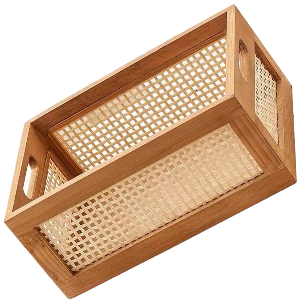 Solid Wood Vintage Rattan Storage Box Woven Baskets For Bedroom Small Retro Shelves Nursery Organizing Wooden