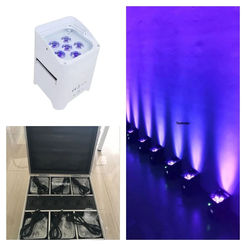 6 pieces DJ Freedom Par 6x18w RGBWA UV Rechargeable Wireless LED Par Lights in White with Charging Cases