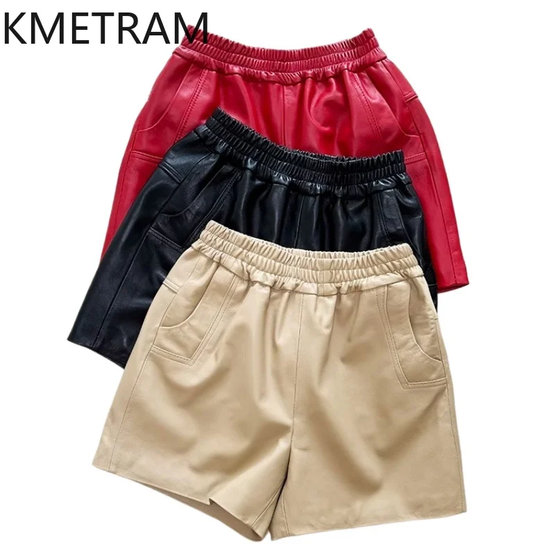 KMETRAM 100% Top Layer Sheepskin Shorts for Woman Casual Genuine Leather Wide Leg Short 2025 Autumn Women' S Clothes ropa mujer