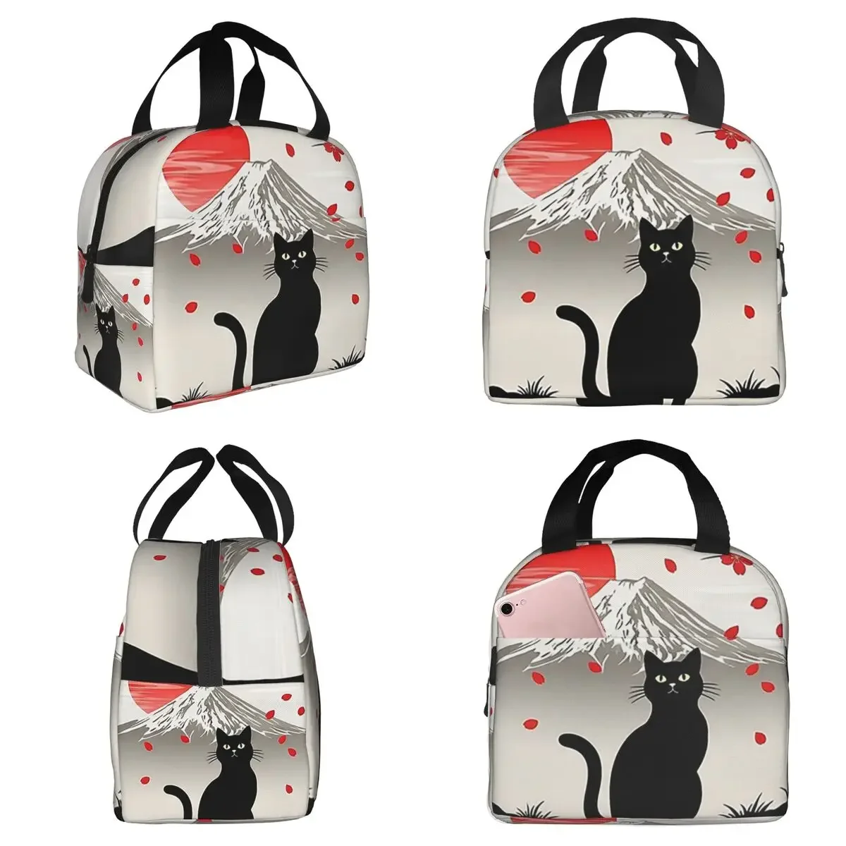 Sakura Mount Fuji And Cat Insulated Lunch Bag for Women Office Cooler Thermal Food Box Tote Portable Lunch Boxes Container