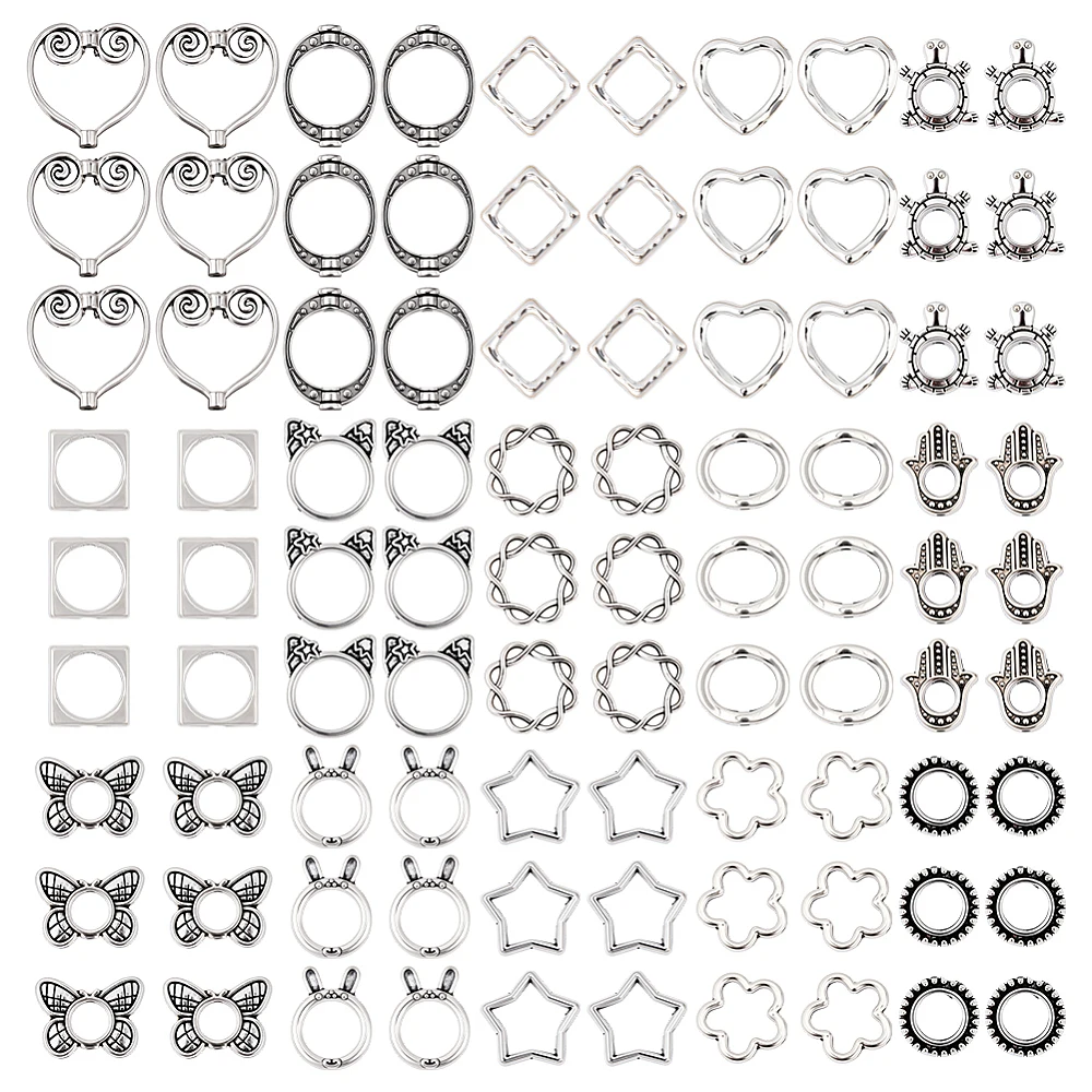 150Pcs 15 Styles Alloy Bead Frame Style Animal Bead Double Hole Silver Flower Tortoise Heart Frame Spacer Beads for Necklace