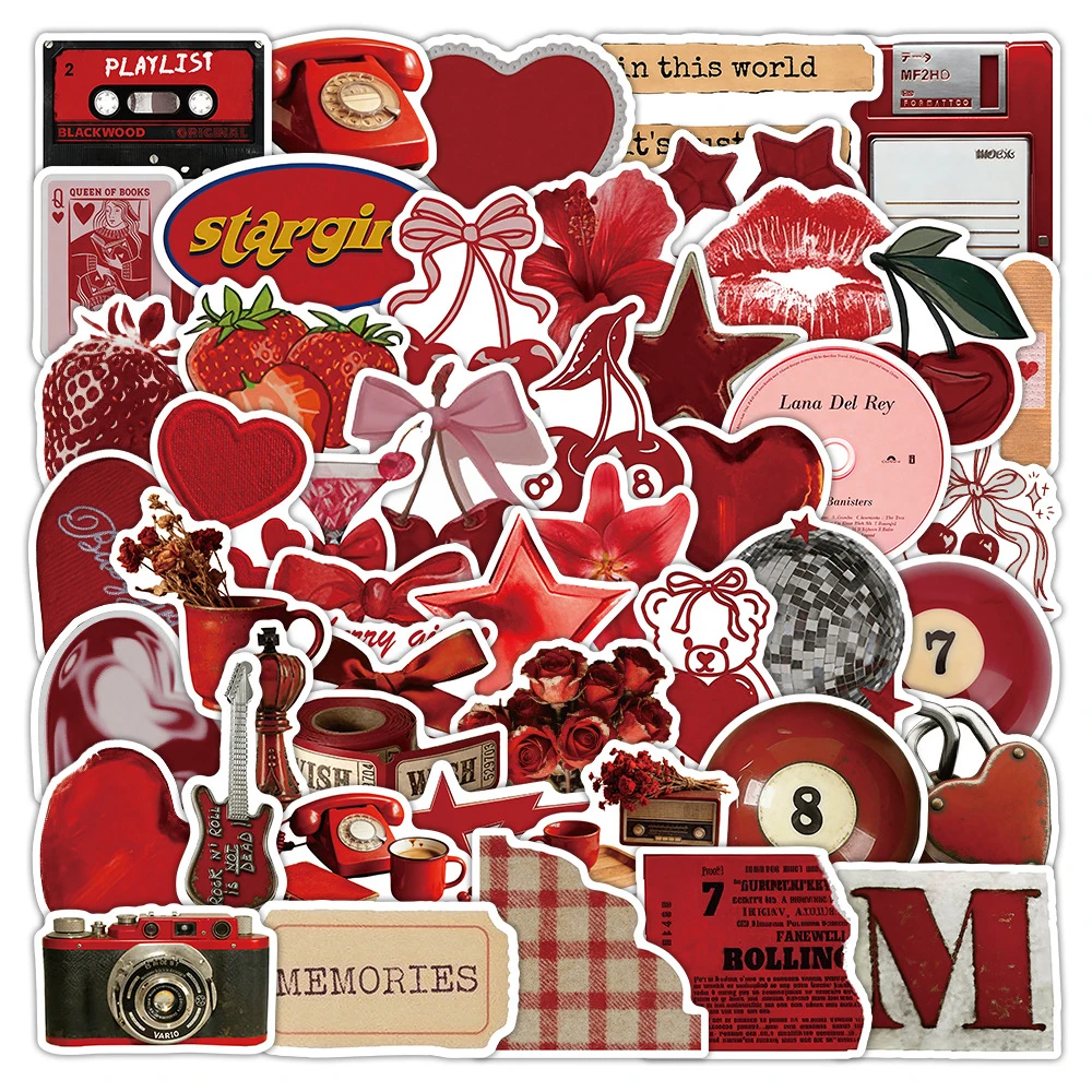 

10/30/52pcs Red Retro Simple Y2K Cartoon Stickers Aesthetic INS Style Graffiti Decals Suitcase Guitar Laptop Decoration Sticker