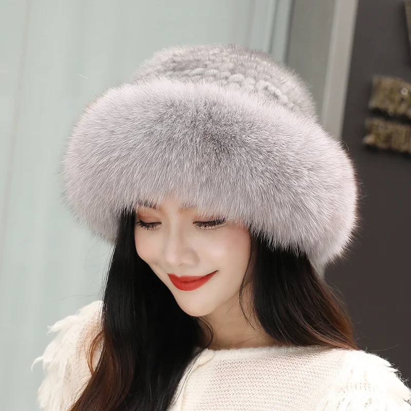 

Mink Fur Hat Knitted Real Fox Fur Hats Fashion Female Warm Winter Snow Cap Luxury Russia Outdoor Beanies Caps For Women