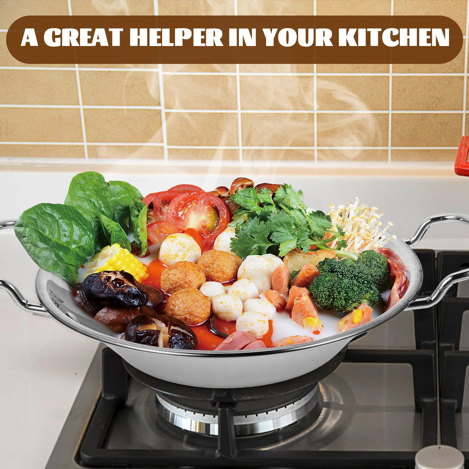 Olla de Acero Inoxidable con Doble Asa, Resistente, No Deformable, Wok para Cocinar Mariscos, Olla Caliente, Utensilios de Cocina