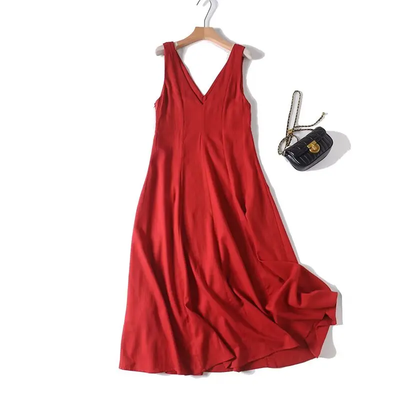 

Dave&Di French Office Ladies Country Lazy Linen Tank Dress Minimalist Brick Red Retro V-Neck Sleeveless Midi Dress Dresses Vesti
