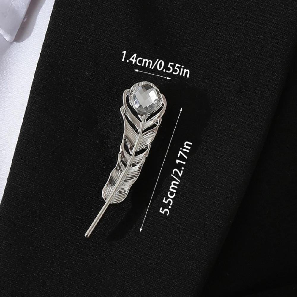 Vintage Metal Feather Brooch Men's Formal Suit Shirt Collar Rhinestone Lapel Pins Luxury Jewelry Badge Accessories