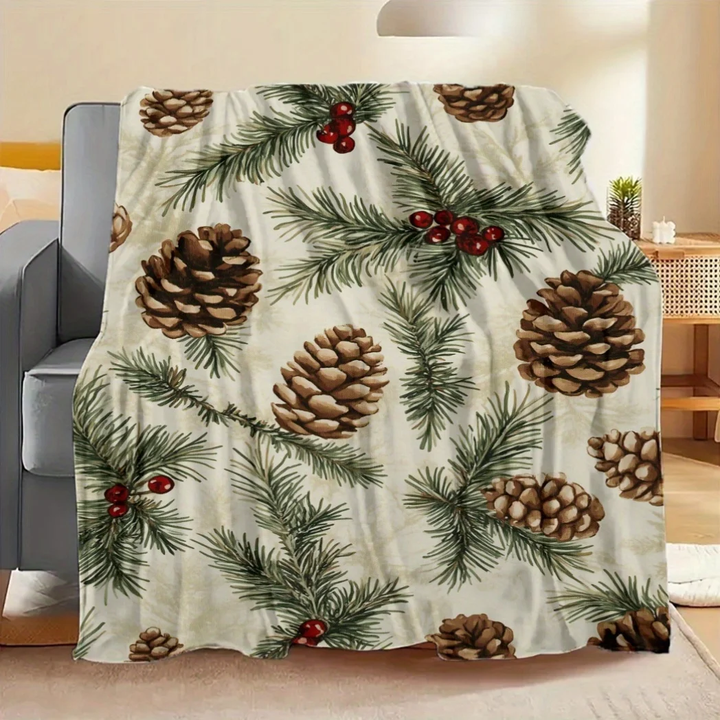 Christmas Pinecone and Evergreen Branch Pattern Flannel Blanket,Ultra Soft Polyester Fleece Warm Throw for Bed, Sofa, and Travel