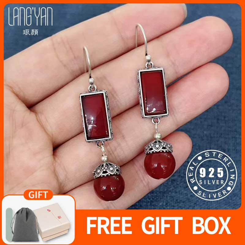 

Langyan Ethnic Rectangle Red Agate Hanging Earrings Handmade 925 Sterling Silver Geometric Fine Jewelry Women Gift EH300