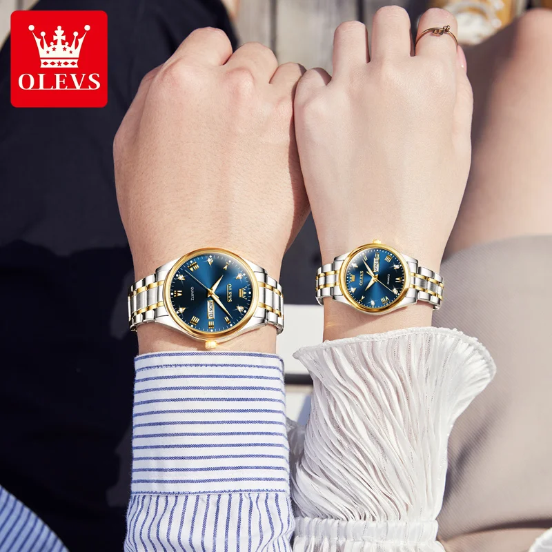 OLEVS-Montres-bracelets de couple avec calendrier de la semaine, montre à quartz Shoous, acier inoxydable, étanche, hommes et femmes, mode 2023