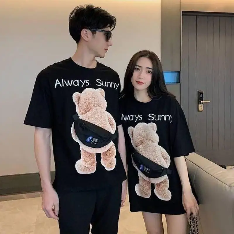 Cotton Tops Fashion Bear Satchel Short Sleeve 2023 Summer Y2k Clothes New T Shirt Women Zipper Bag Korean Style Loose Tees Lady