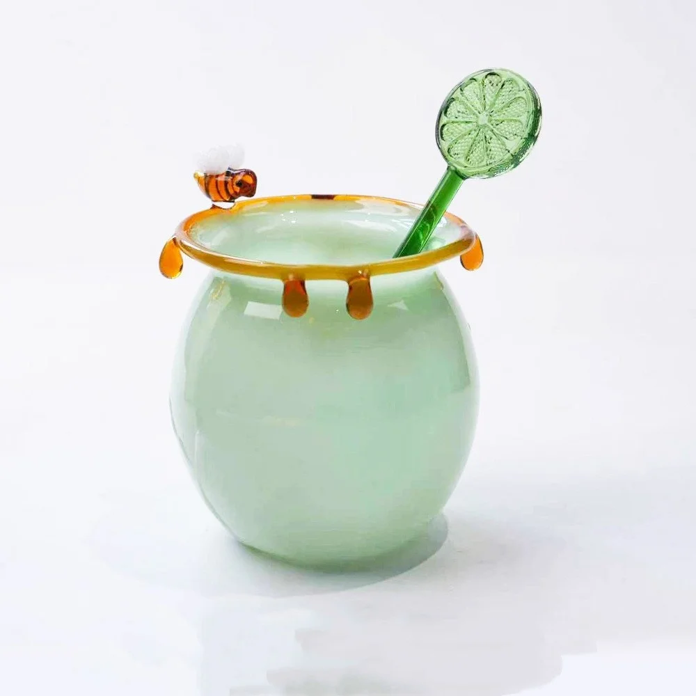 Cute Bee Design Glass Cup with Straw Honey Jar Style Dessert Ice Cream Bowl for Home Cafe Gift
