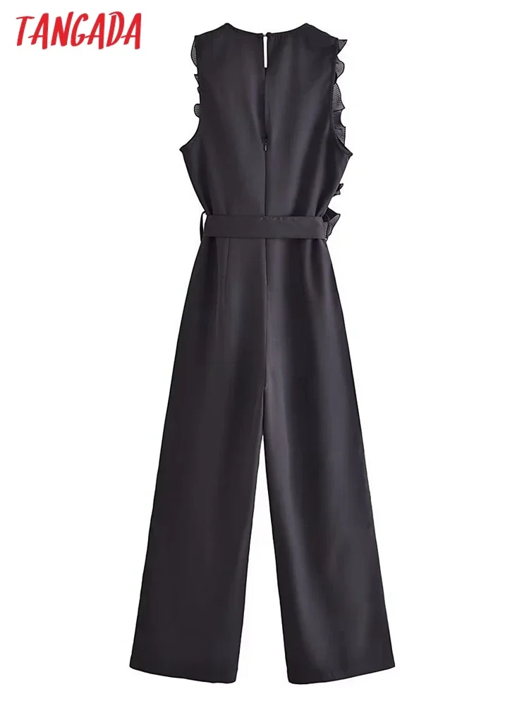 Tangada 2023 Summer Women Ruffles Long Jumpsuit With Slash Sleeveless Female Elegant Jumpsuit 6P154