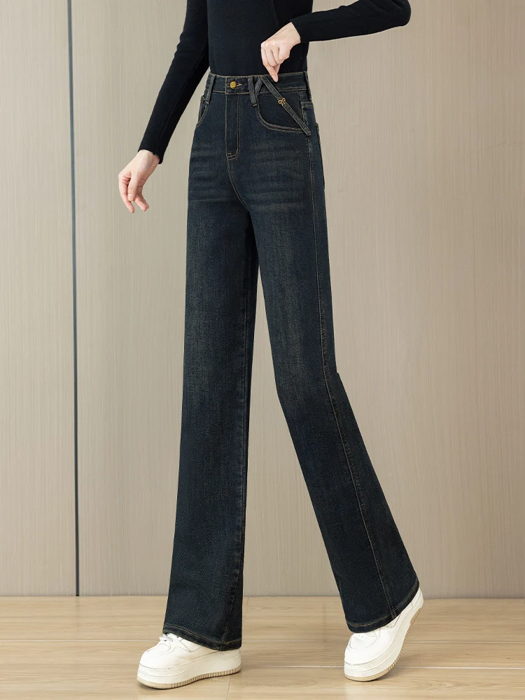 

Джинсы с высокой талией и широкими штанинами для женщин, весенне-осенние, свободные, повседневные, длинные брюки, прямой крой, деним, ретро-стиль, стройнящие.