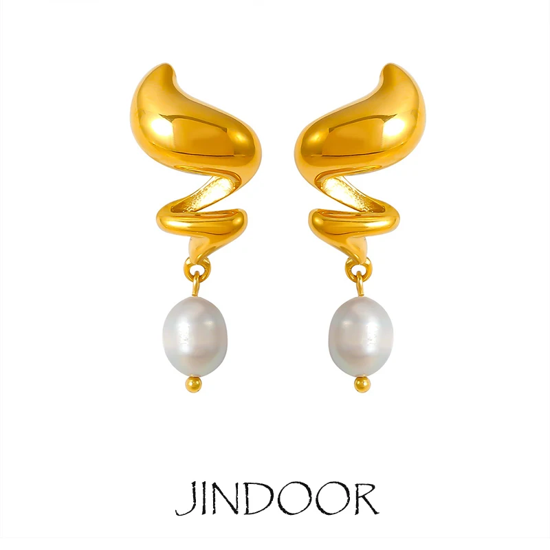 JINDOOR Titanium with 18K Gold Plated Spiral Pearl Drop Earrings For Women Silver Elegant Trend Jewellery Accessories