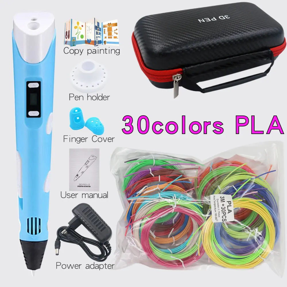 High Quality 3D Pen 3D Printing Pen 30 Colors 1.75 PLA FilamentDIY Pen With Travel Case Kids Educational Toys Gift for Children