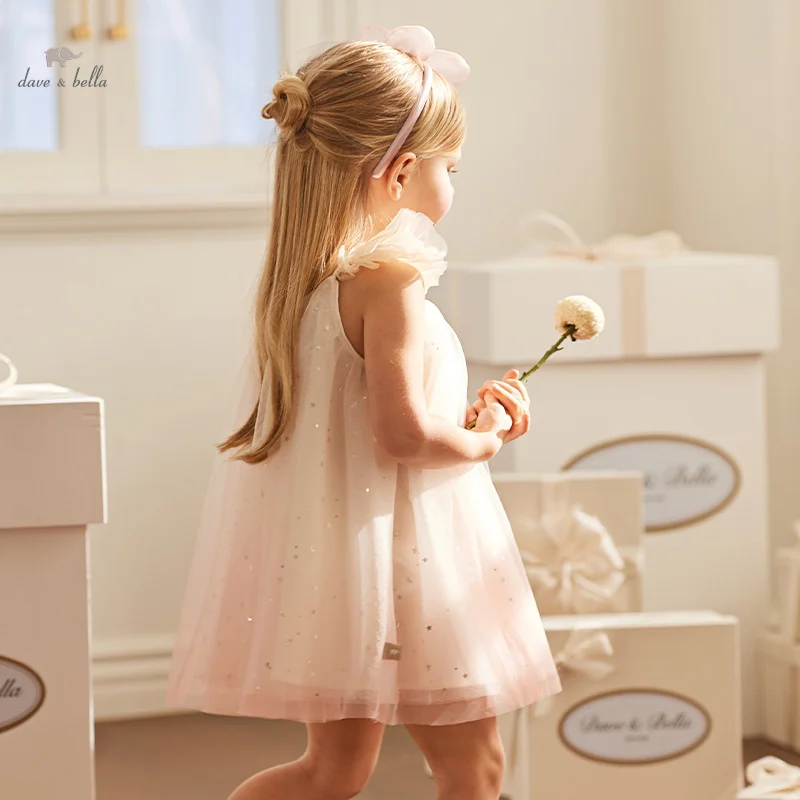 Dave Bella Children Dresses Autumn Spring Girls Clothing Kids Elegant Lace Mesh Dress Spaghetti Strap Outerwear Cotton DB2240995