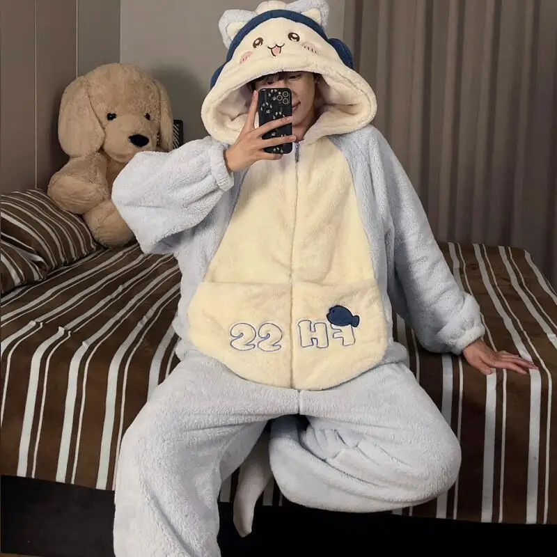 Chiikawa Onesie Pajamas Coral Fleece Added Fleece Thickened Flannel Boys Winter Autumn Pajamas Cozy Warm Comfortable Homewear