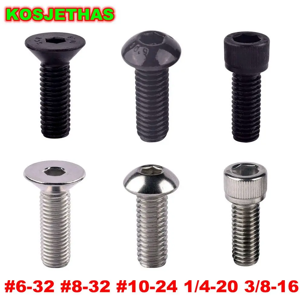 KOSJETHAS 5pcs UNC Coarse Thread 8-32 10-24 1/4-20 3/8-16 Button Hxe Socket Cap Screw Flat Countersunk 304 Stainless Steel Black