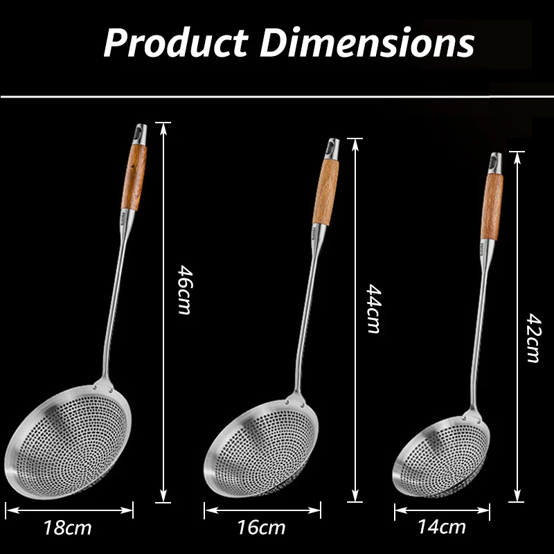 18/8 Stainless Steel Strainer Skimmer Ladle for Cooking & Frying, Kitchen Slotted Spoons with Wooden Handle