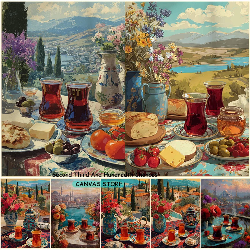 Turkish Breakfast Oriental Tea Turkish Tea Culture with Sugar Cubes Turkey Art Poster Canvas Painting Wall Pictures Home Decor