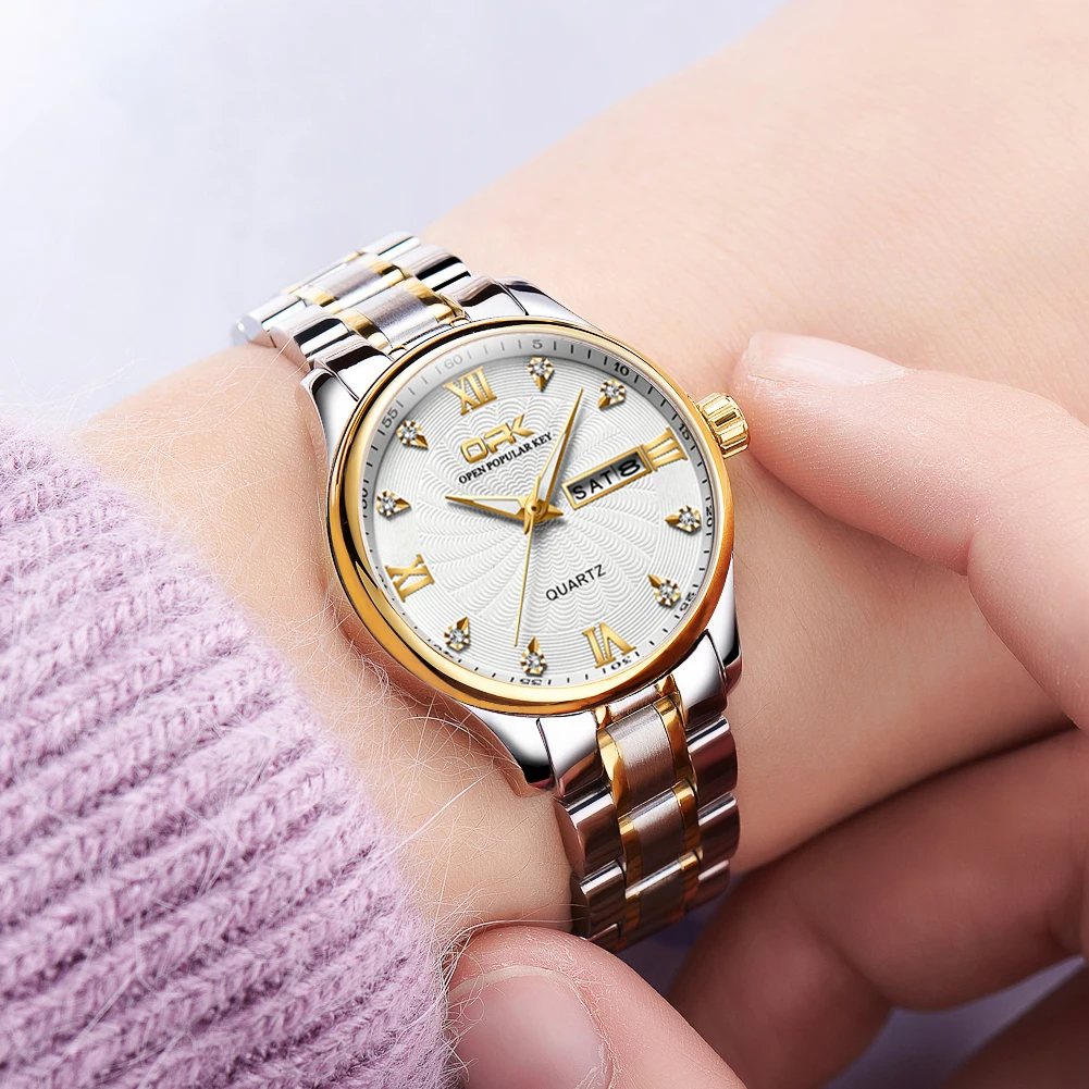 OPK 8103 Quartz Watch for Women with Double Calendar Diamond Scale Waterproof Simplicity Wristwatch Women