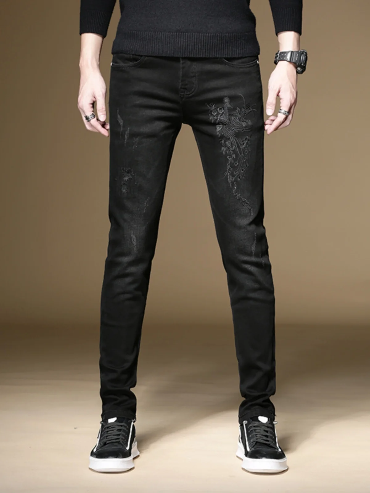 

High-End Embroidered Pure Bla Jeans Men's Casual Straight Leg Cotton Stretch Denim Spring Autumn Faion Versatile Elastic