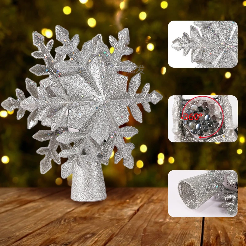 Christmas Tree Topper Lighted with White Snowflake Projector Rotating 3D Glitter Lighted Christmas Decorations for Tree