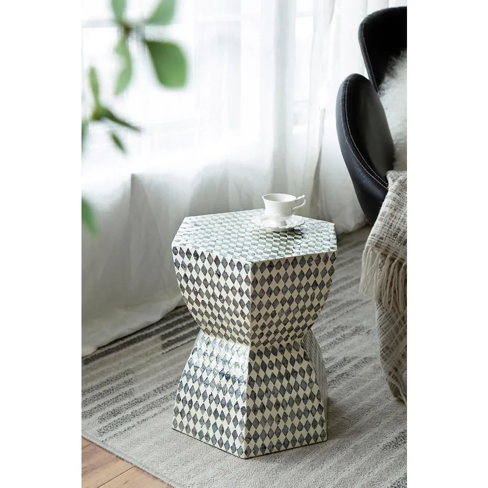

Home Mother of Pearl Side Table, Geometric Design Capiz Stool, Live Edge Coffee Table, Living Room Plant Stand, 15 x 13 x 17