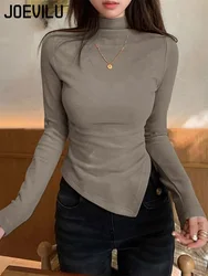 JOEVILU Turtleneck Asymmetrical Long Sleeve T-shirt Thin Velvet Slim Bottom Shirt Women's Spring and Autumn Korean Fashion Tops