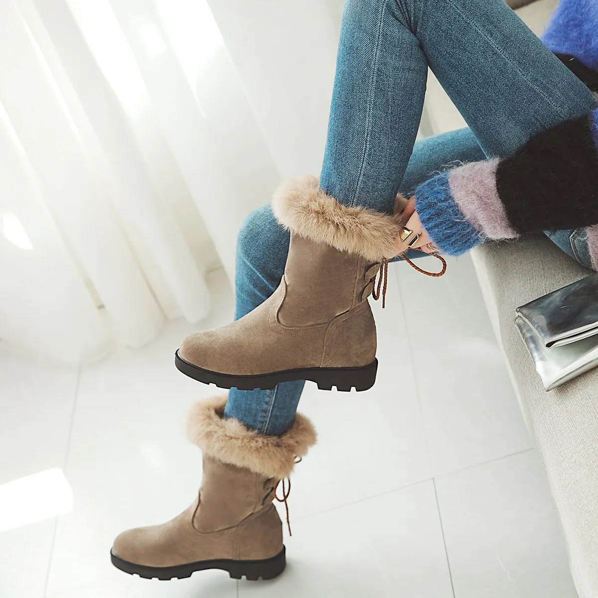 2024 new autumn winter women ankle boots plus size 22-26.5cm Microfibe round toe Lamb wool lace up warm short boots women shoes