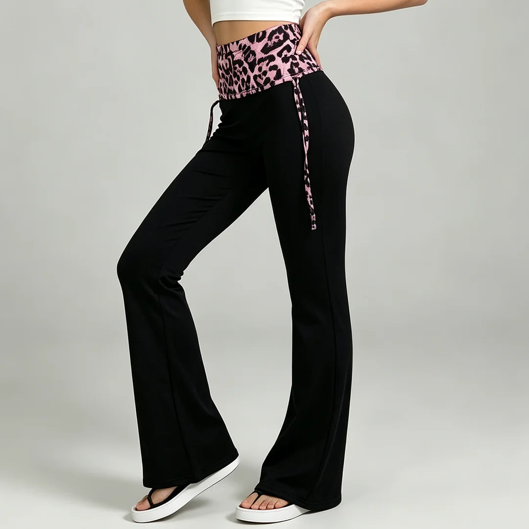Women's Leopard Pattern Splicing Y2k High Waist Straight Leg Trousers Autumn Fashion Pants